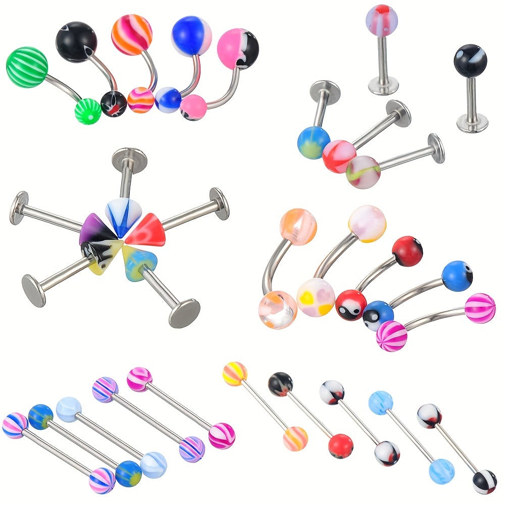 Body Piercing Kit 98pcs Stainless Steel - Bulk Piercing Set with Clamps, Needles, Lip Rings, Tongue Barbells, Eyebrow Jewelry & Glitter Tongue Set, Professional Body Jewelry Piercing Supplies