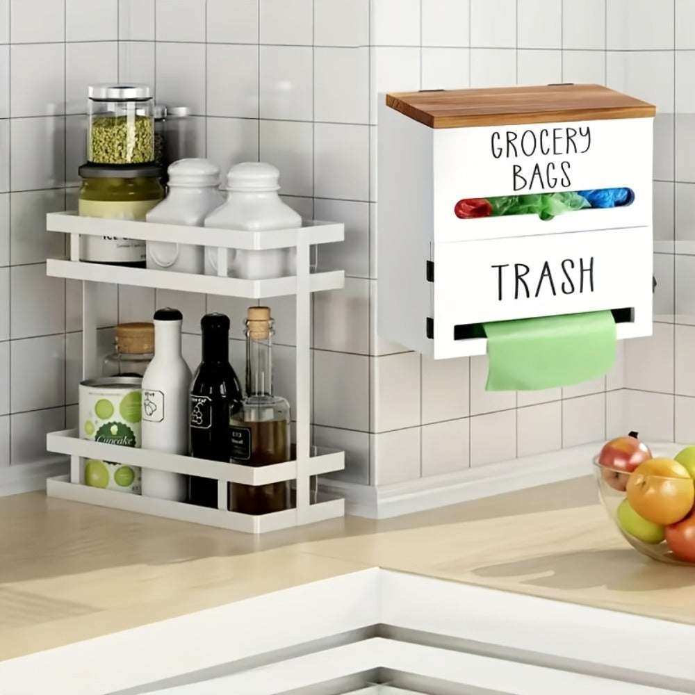 Garbage Bag Dispenser Wall Mount, Under Sink Organizer, Trash Bag Holder with Pull-Out Access, Kitchen Bag Storage Rack for Shopping Bags & Tissues, Space Saving Cabinet Organization