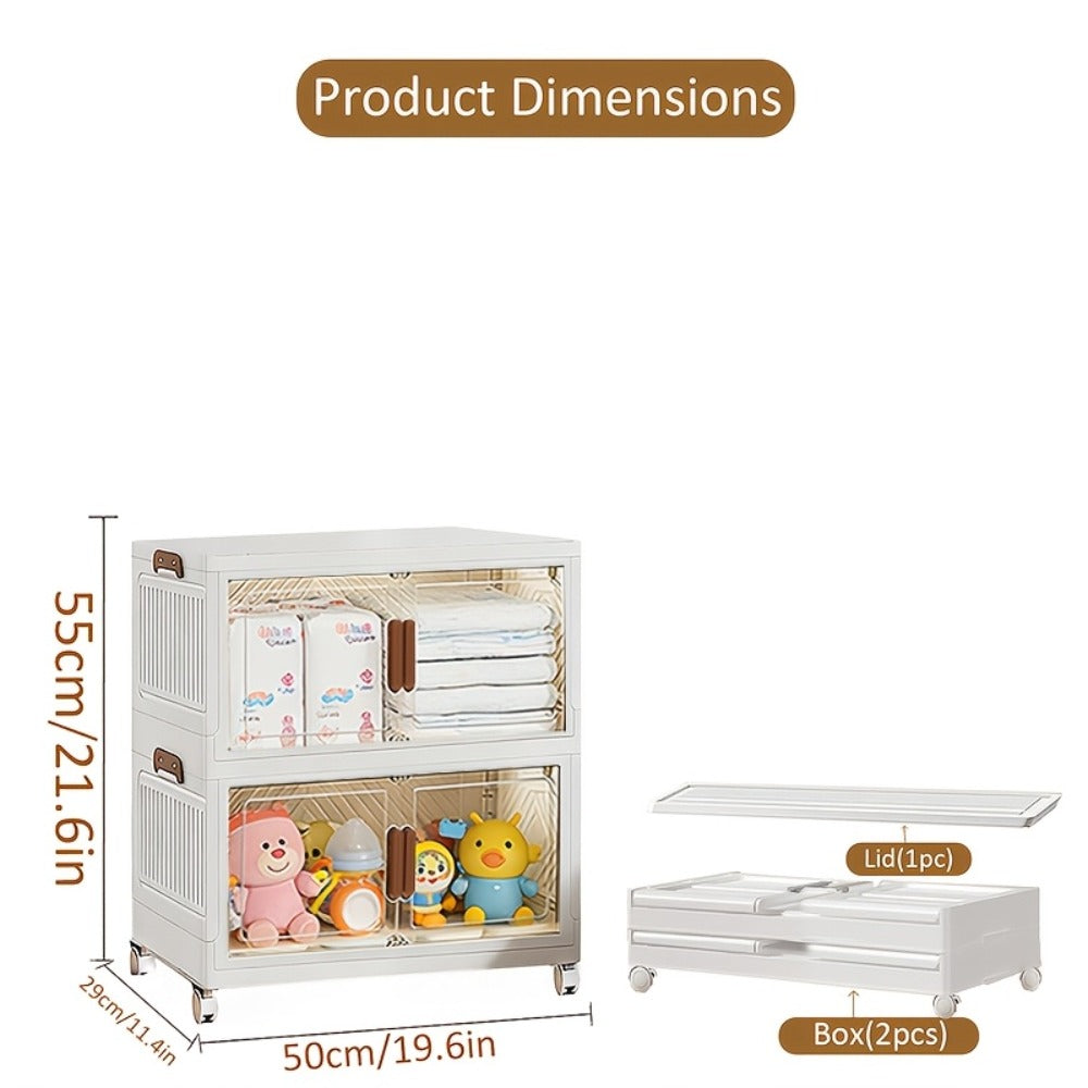Stackable Foldable Storage Cabinet with Door ¨C PP Plastic 1/2/3/4/5 Layer Organizer Box with Wheels & Cover | Dual-Access Home Storage for Clothes, Books, Snacks & Kitchen Supplies | Office & Garage