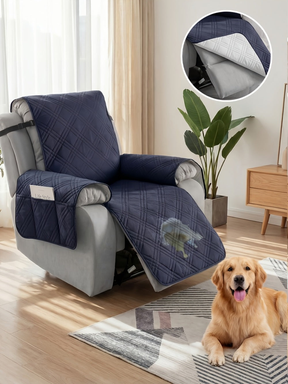 Recliner Cover Quilted with Side Pocket - Anti-Slip Elastic Band Pet Friendly Sofa Chair Protective Slipcover Easy Install for Living Room Home Decor, 6 Colors