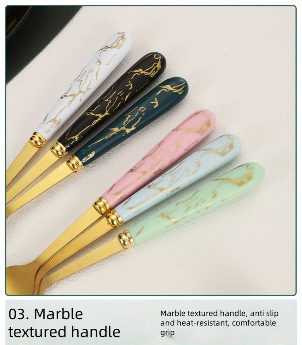 Marble Pattern Cutlery Set 24pcs - Dinner Forks Soup Spoons Teaspoons for Home Hotel Restaurant