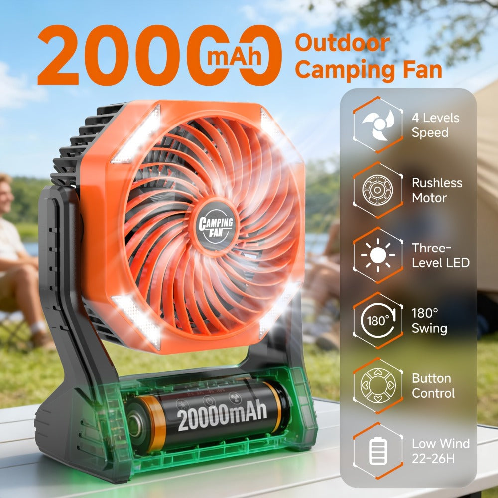 Camping Fan 20000mAh with LED Light and Brushless Motor, 4-Speed 180¡ã Oscillating Portable Outdoor Fan, 22-26H Long Runtime Anti-Slip Base, 3-in-1 Table Fan for Camping, Hiking, Picnic and Emergency