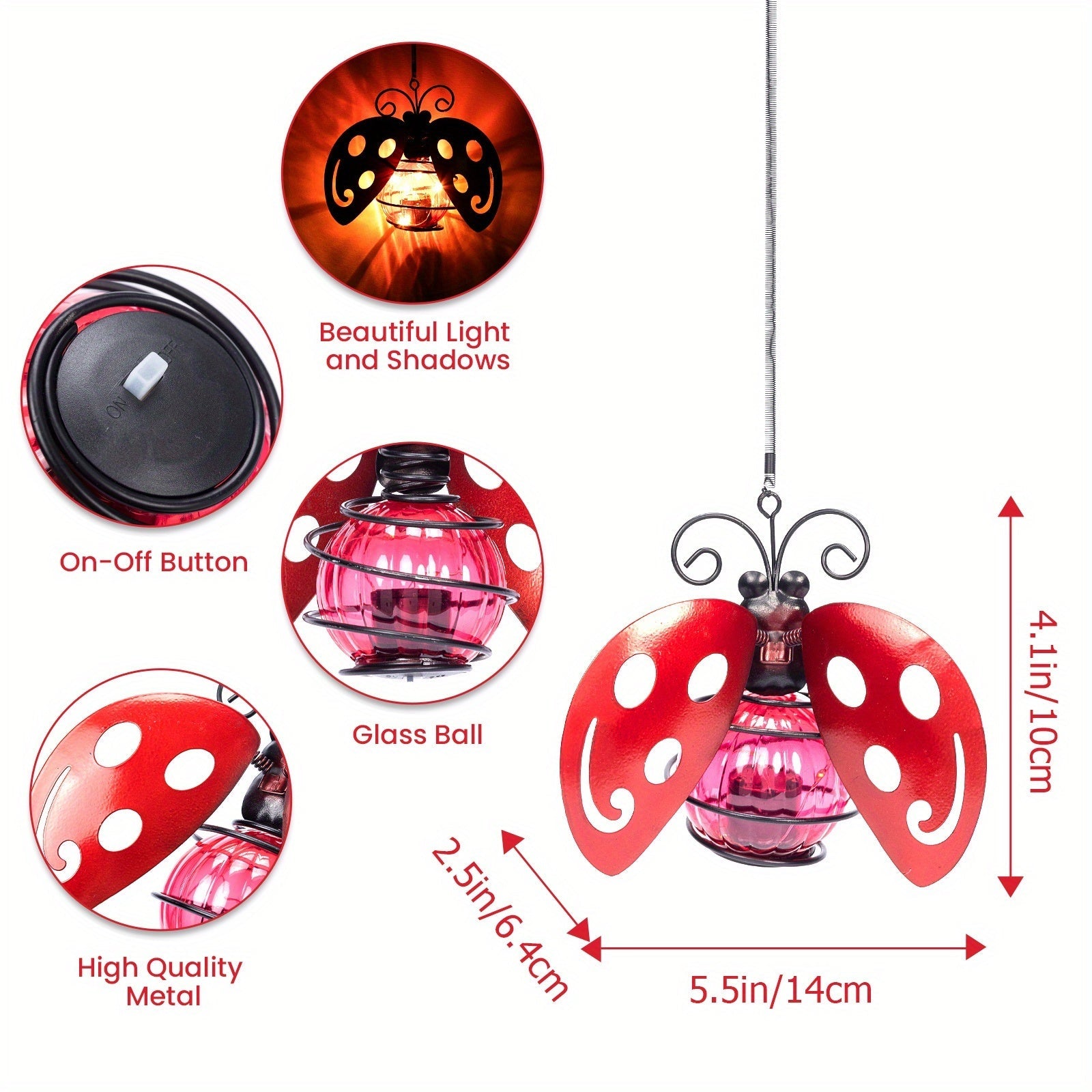Solar Hanging Ornament Lights Ladybug & Butterfly ¨C Waterproof Indoor Outdoor Decorative Garden Light with Spring Clips for Patio, Balcony, Porch & Trail, 5.5x2.5in