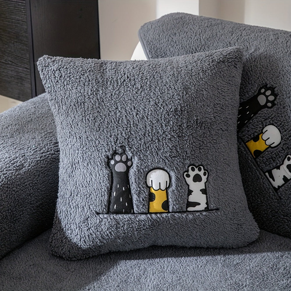 Sherpa Sofa Cover Cat Paw Embroidered Thick Plush Couch Slipcover Non-Slip Seat Cushion Protector Pet-Friendly Machine Washable Furniture Cover for Living Room Home Decor