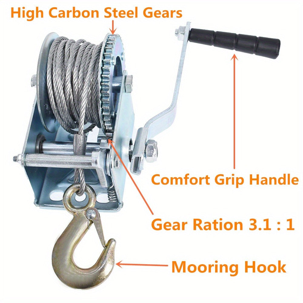 Manual Hand Winch Heavy Duty Carbon Steel 800-1600 lbs - Double Brake Safety System, Strap Winch with Mooring Hook & Safety Pawl, for Boat, ATV, Trailer, Farm, Garage & Industrial Pulling Tasks