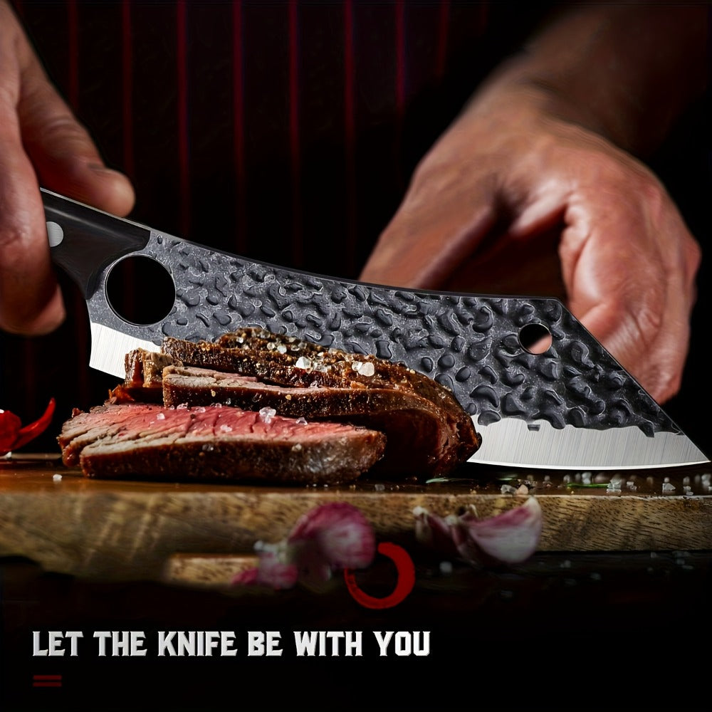 Butcher Knife 8 Inch Hand Forged High Carbon Steel Cleaver ¨C Meat & Vegetable Chopping Knife with Finger Hole, Wooden Handle