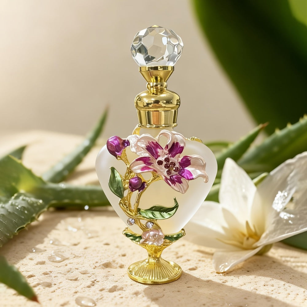 Refillable Perfume Bottle 10ml Vintage Glass Travel Atomizer Essential Oil Dispenser Portable Mini Spray Bottle Enamel Peach Heart Design Gift for Women
