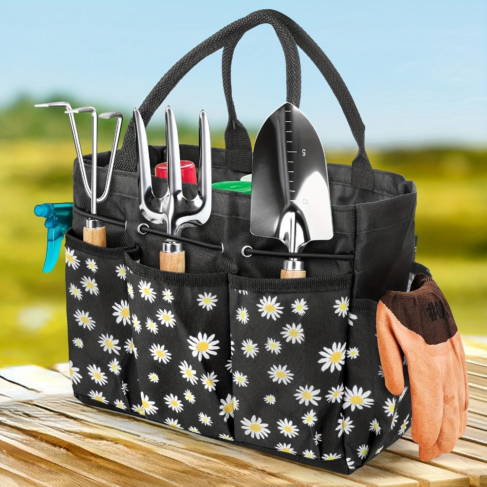Garden Tool Bag Heavy Duty Multi-Pocket Organizer ¨C Large Capacity Tool Storage Carrier Tote for Gardening, Lawn Care, Camping & Outdoor Work, Portable Daisy Pattern, Black & Gray (No Tools Included)