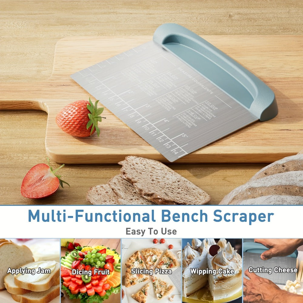 Dough Scraper Bench Scraper - Stainless Steel Dough Cutter with Silicone Handle & Measuring Scale, Multipurpose Pastry Scraper Pizza Spatula Baking Tool, Kitchen Gadget Gift, Blue Grey