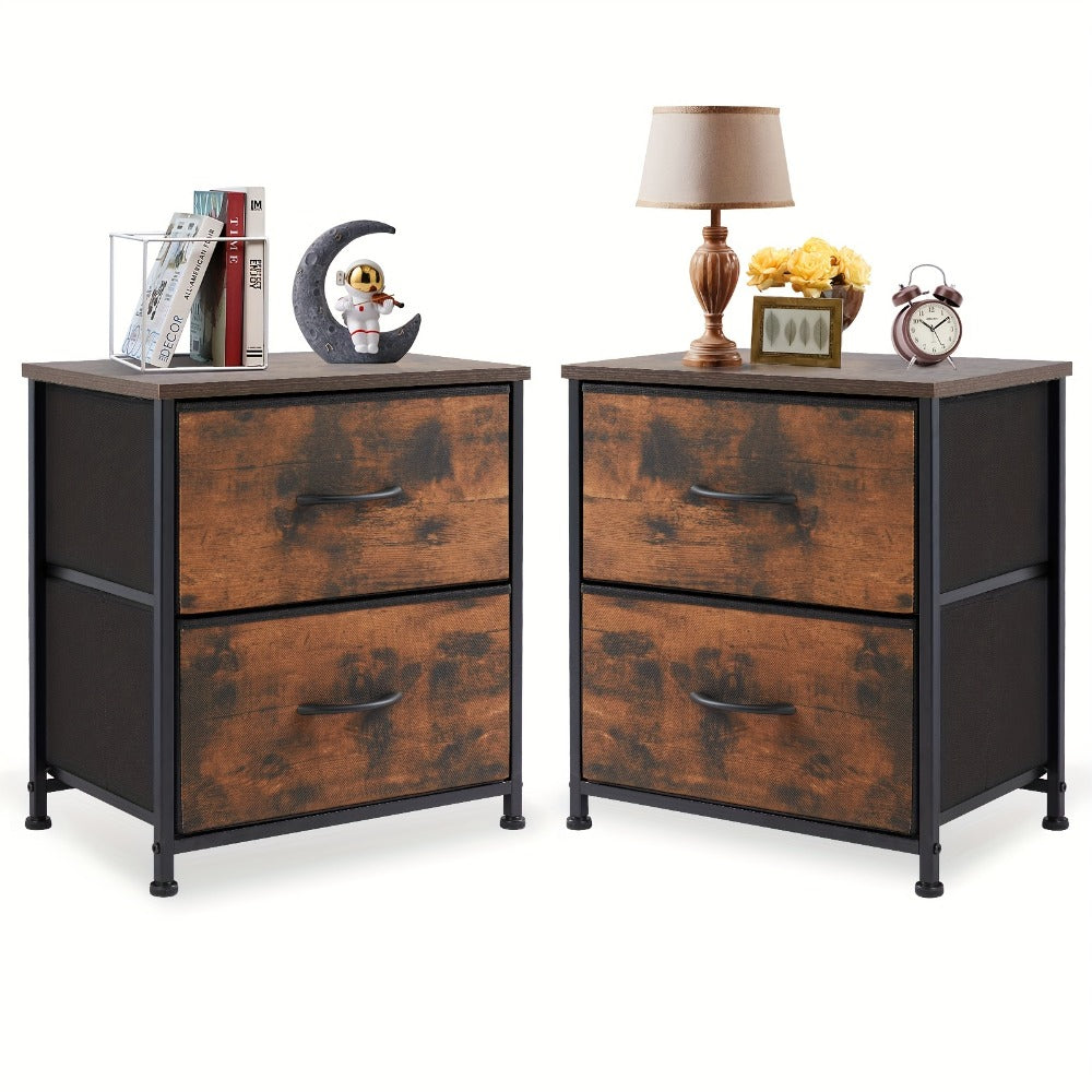 Nightstand with 2 Storage Drawers, 20¡± Bedside Table with Wooden Top & Fabric Cabinet, Steel Frame Mini Dresser for Bedroom, Dorm, Living Room ¨C 1pc or Set of 2pcs, Black White Grey Rustic Brown
