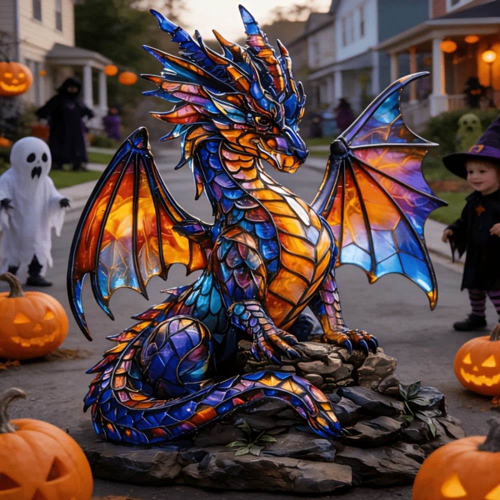 Dragon Sculpture with Light - Faux Stained Glass Resin Statue, Bohemian Accent Lamp, Fantasy Home Decor Figurine, Gothic Dragon Art, Unique Shelf Decor & Collector Gift