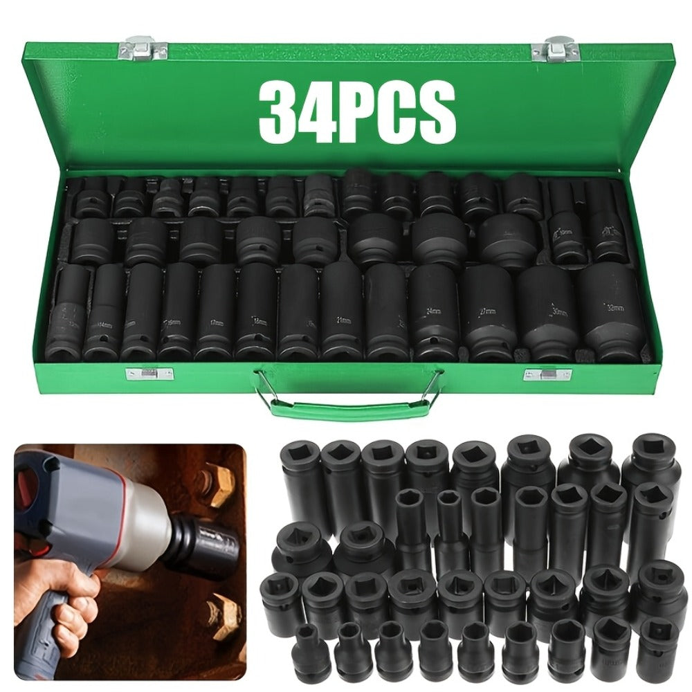 Impact Socket Set ¨C 53-Piece Tool Set, 47-Piece 3/8¡± Drive & 34-Piece 1/2¡± Drive, SAE & Metric Sizes, 6-Point CR-V with Ratchet Handle, Extension Rod & Connector for Auto Repair & DIY