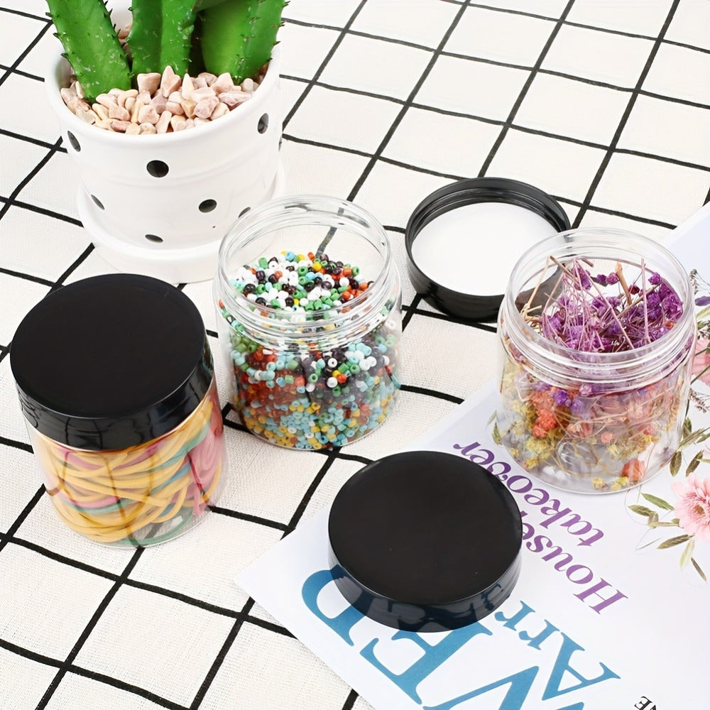Clear Plastic Jars with Lids 4oz Set of 12 - Leakproof Food Storage Containers with Black Lids for Spice, Honey, Candy, Slime
