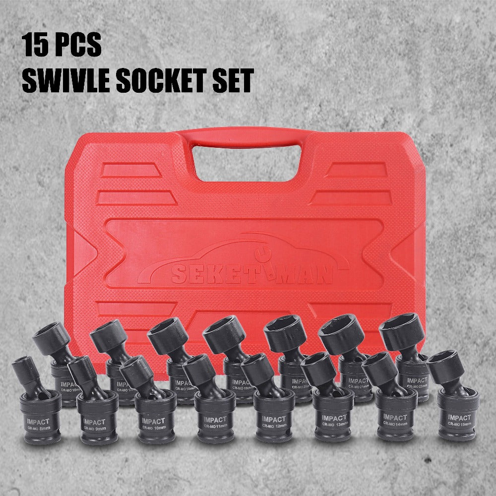 Impact Socket Set 3/8¡± Drive, 15-Piece Swivel Impact Universal Socket Set & 17+1 Piece Accessory Set, 8mm-22mm Cr-Mo Steel with Black Phosphate Finish, Professional Tool Kit for Home & Auto Repair