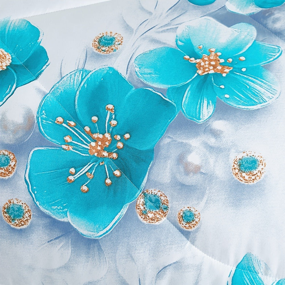 Teal Floral Comforter Set Twin Queen King Gradient Oil Painting Style Botanical Luxury Quilt Bedding Soft Microfiber All Season Bed in a Bag Gift