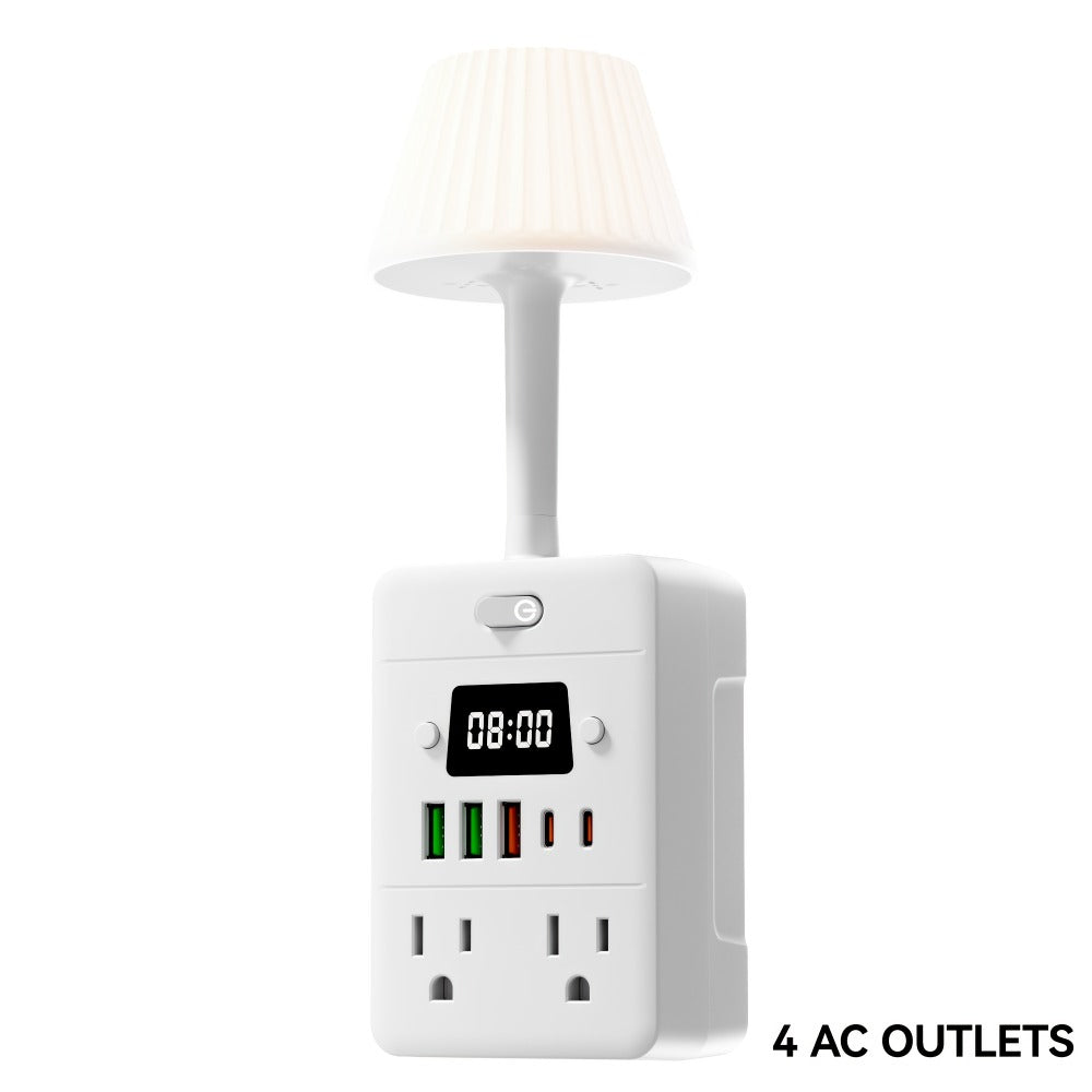 Power Strip Extender with Digital Clock & Desk Lamp ¨C 4 AC Outlets, 3 USB & 2 Type-C Ports, One-Touch On/Off, Overload Protector | Multi-Function Surge Protector for Home, Office, Dorm & School