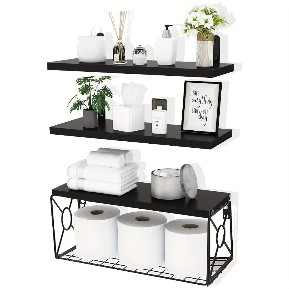 Floating Shelves Over Toilet 3-Piece Set | Farmhouse Bathroom Wall Mounted Storage Shelf for Toilet Paper, Towels & Decor ¨C Black, Brown, Burlywood