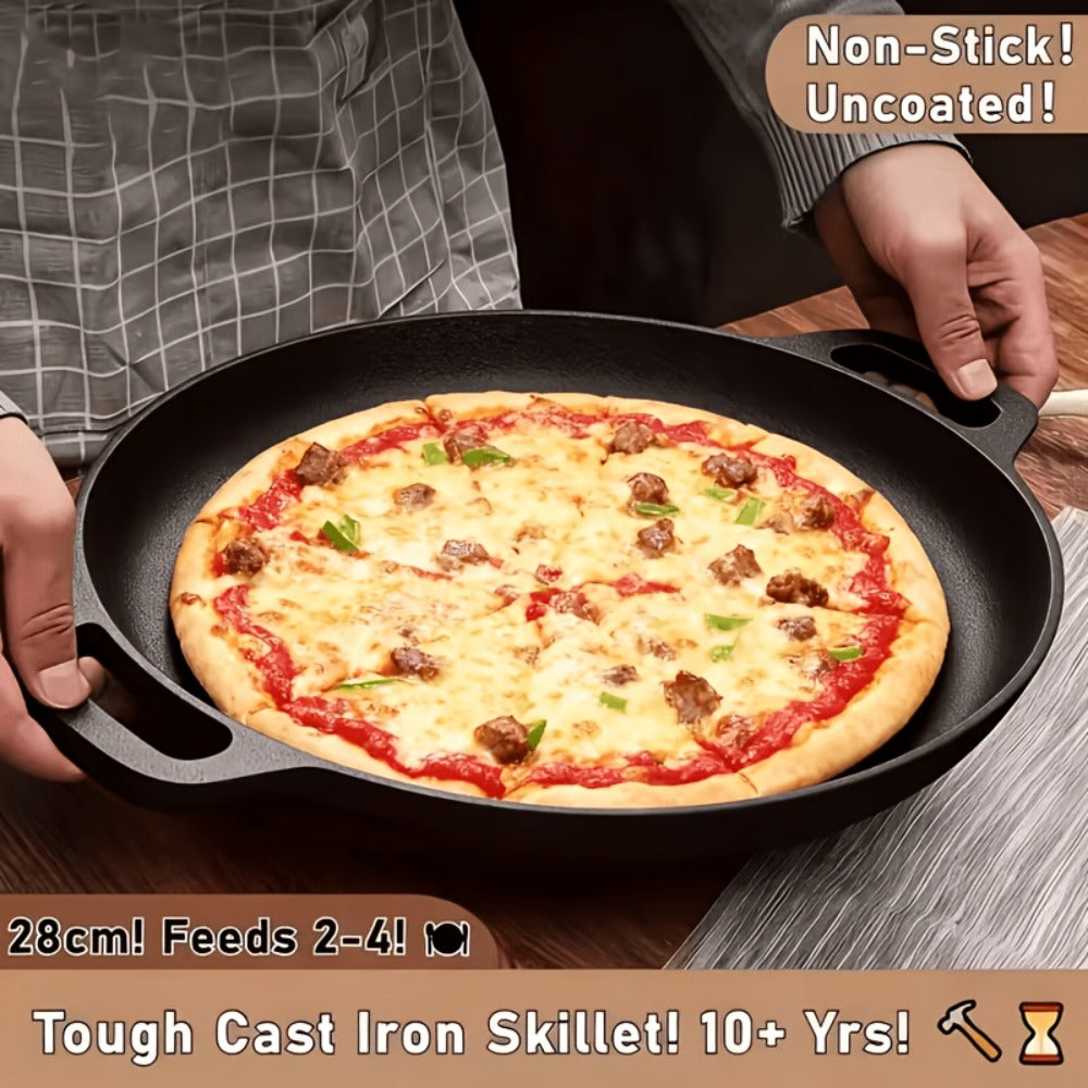 Cast Iron Skillet 11 Inch Pre-Seasoned Round Grill Pan with Dual Loop Handles ¨C Even Heating for Oven, Stovetop, Campfire & Grill | Heavy-Duty Kitchen Cookware for Pizza, Steak & More