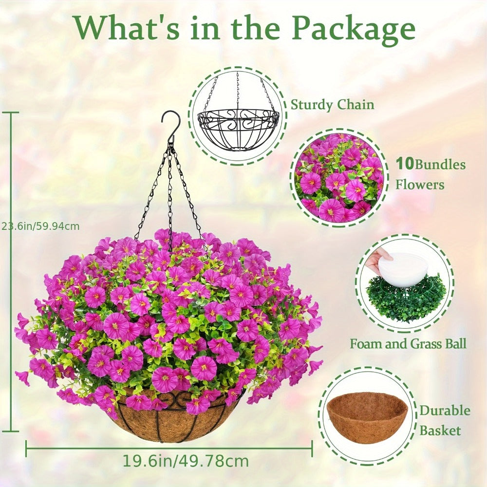 Artificial Hanging Flowers Outdoor UV-Resistant Fake Petunias with Planter Basket ¨C Realistic Faux Hanging Plants for Garden Patio Porch Balcony Railing Decor