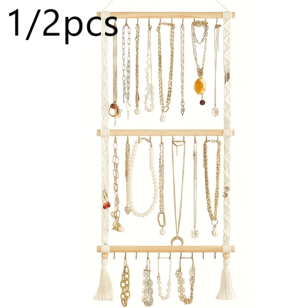 Boho Jewelry Organizer Wall Mount Hanging Rack Hand Woven Tassel Necklace Earring Bracelet Holder 30 Hooks Bedroom Decor Display Stand
