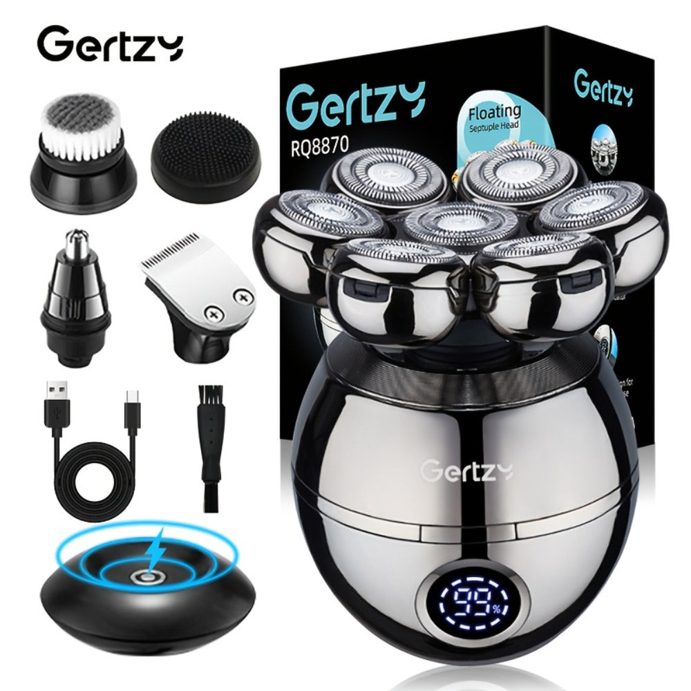 Electric Head Shaver for Bald Men 5-in-1 Grooming Kit with Rotary Blades, Hair Clipper, Nose Trimmer, Cleaning Brush & Scalp Massager ¨C Cordless Rechargeable Skull Shaver, Silver & Gold