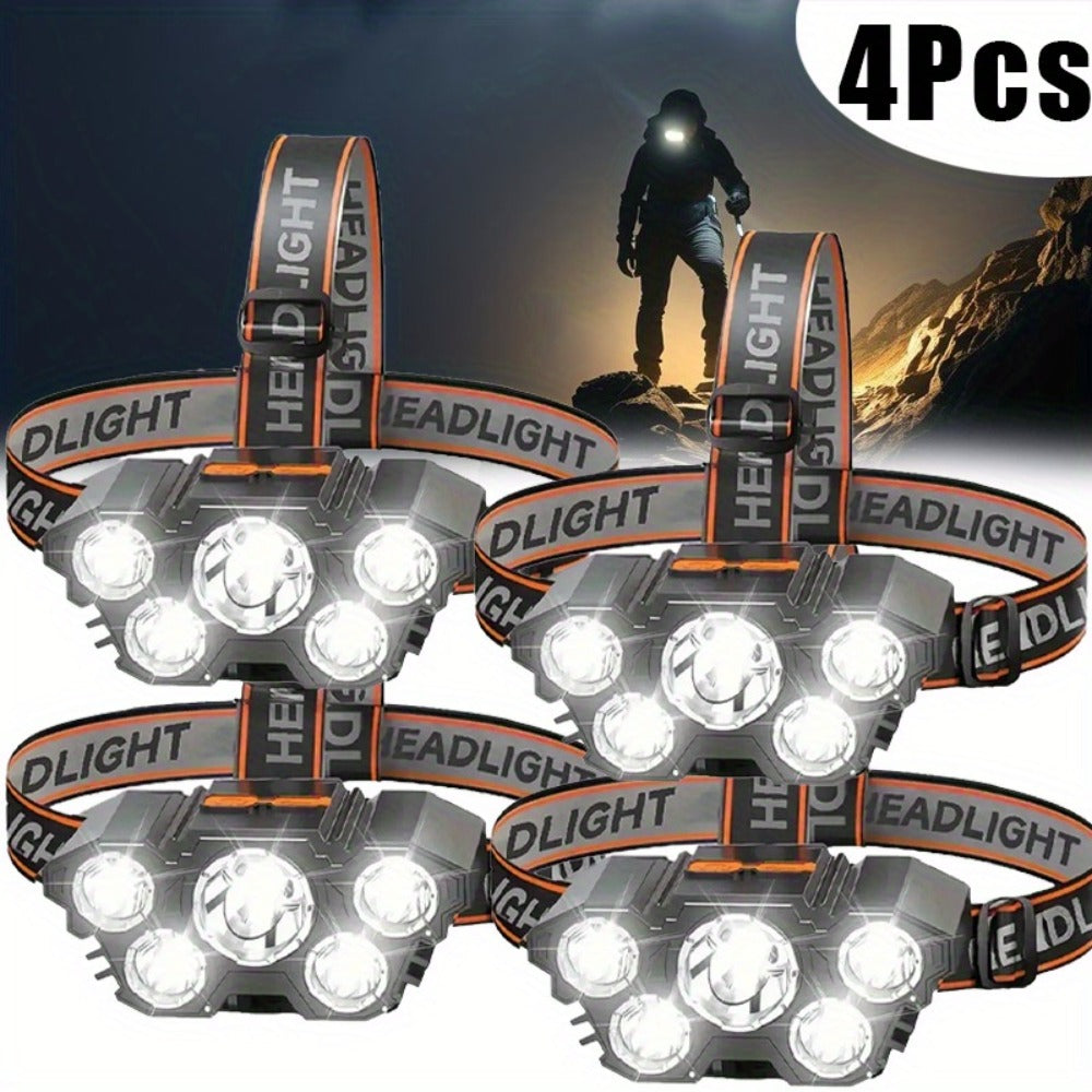LED Headlamp 4pcs Set - Rechargeable Outdoor Headlamps with 4-Speed Dimming Adjustable Angle IP44 Waterproof Hands-Free Flashlight for Camping Hiking Fishing Mountain Climbing Emergency Use ABS