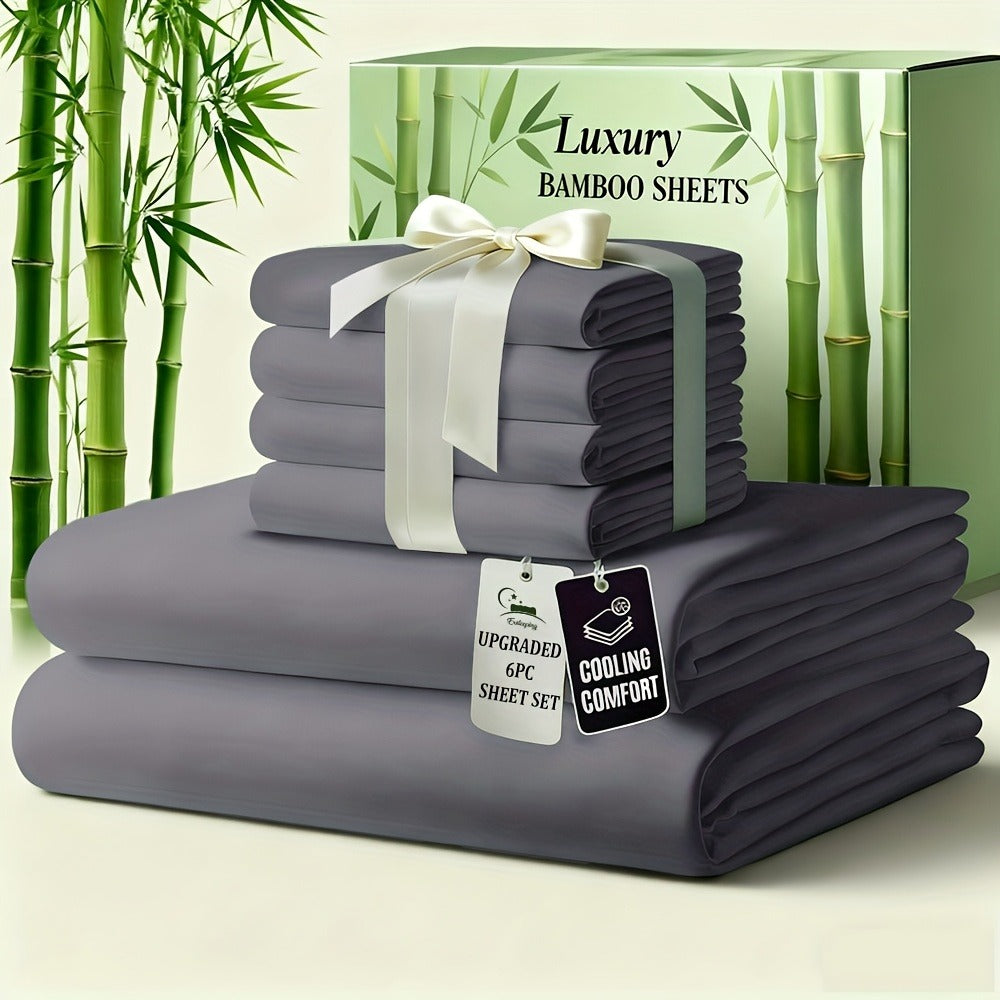 Bamboo Bed Sheet Set 6-Piece Cooling Soft Bedding with Deep Pocket Fitted Sheet - Viscose Derived from Bamboo Sheets Twin Full Queen King Size Breathable Wrinkle-Resistant Luxury Bedding Set
