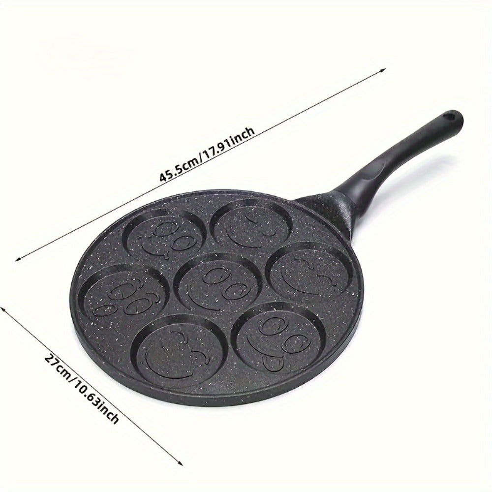 7-Hole Non-Stick Pancake Pan Smiley Face ¨C Aluminum Alloy Breakfast Maker with Detachable Handle for Gas Stove | Oven & Dishwasher Safe Crepe Waffle Egg Mold Cooking Pan Even Heat Distribution Black
