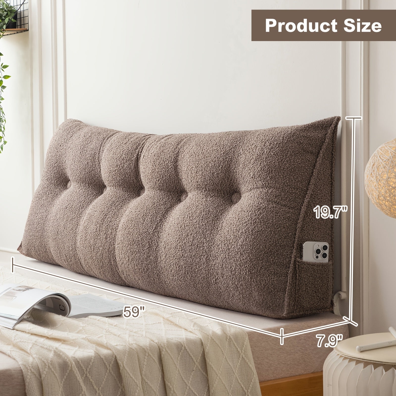 Bed Wedge Pillow Headboard Pillow with Side Pockets Removable Washable Cover Teddy Velvet Reading Pillow Twin Queen King