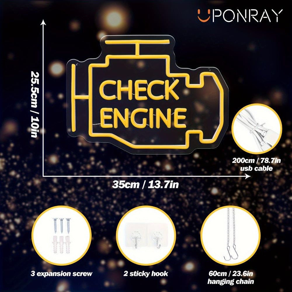 Check Engine Neon Sign ¨C LED Dimmable USB Powered Neon Light for Garage Wall Decor, Car Repair Shop, Workshop, Man Cave, Game Room, Bedroom & Car Party Decorations (Yellow / Multi-Color Options)