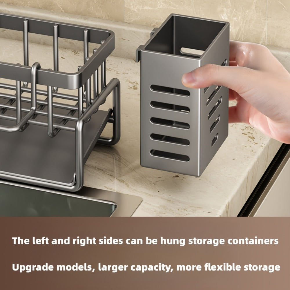 Kitchen Sink Organizer Sponge Holder with Self-Draining Tray Removable Rag Rod Carbon Steel Countertop Storage Rack for Sponges Brushes Soap Bathroom