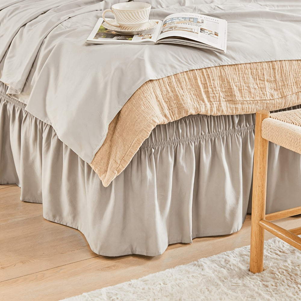 Bed Skirt Elastic Wrap Around Ruffle - 15 Inch Drop Microfiber Dust Ruffle, Adjustable No-Lift Fit, Fade Resistant Machine Washable, Hotel Quality Bedskirt for Twin Full Queen King, 30 Colors