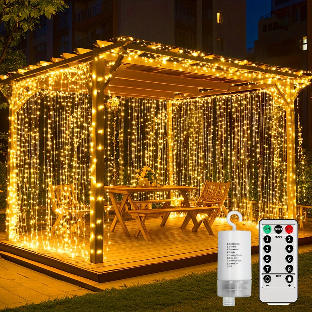 Curtain Lights for Gazebo Outdoor, 330 LED 10ft x 10ft Waterfall Fairy Lights Battery Operated with Remote, IP65 Waterproof Hanging String Lights with 8 Modes for Bedroom Porch Patio Wedding Decoration