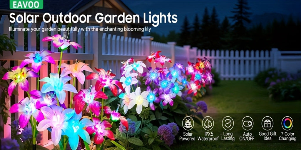 Solar Garden Lights Blooming Lily Flower | 7 Color Changing LED | Waterproof Outdoor Solar Stake Lights | Yard Patio Pathway Gravestone Decor | 2 4 12 Pack Solar Flower Lights