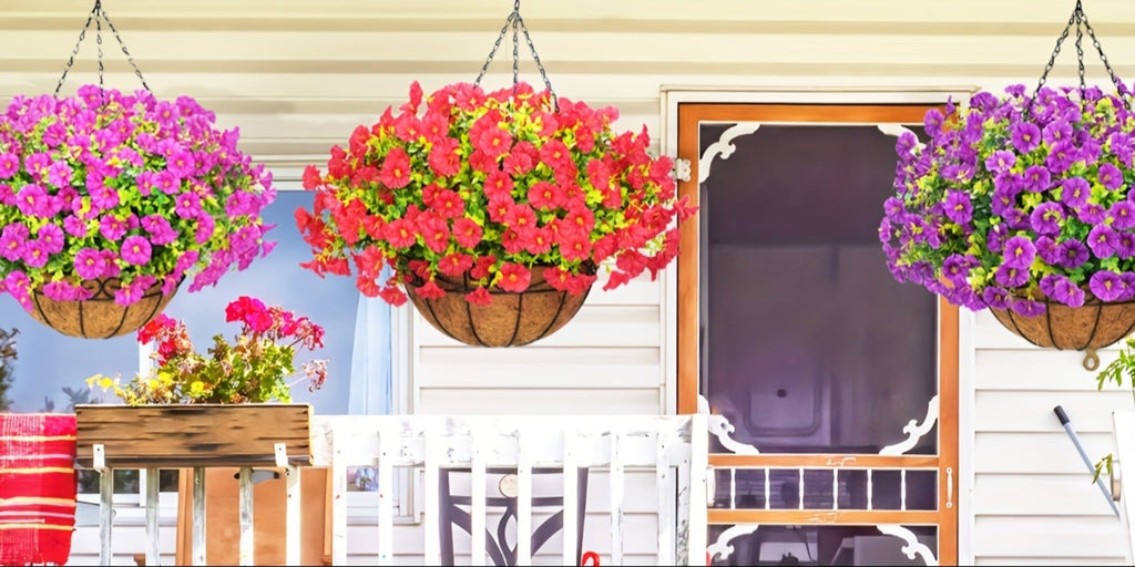 Artificial Hanging Flowers Outdoor UV-Resistant Fake Petunias with Planter Basket ¨C Realistic Faux Hanging Plants for Garden Patio Porch Balcony Railing Decor