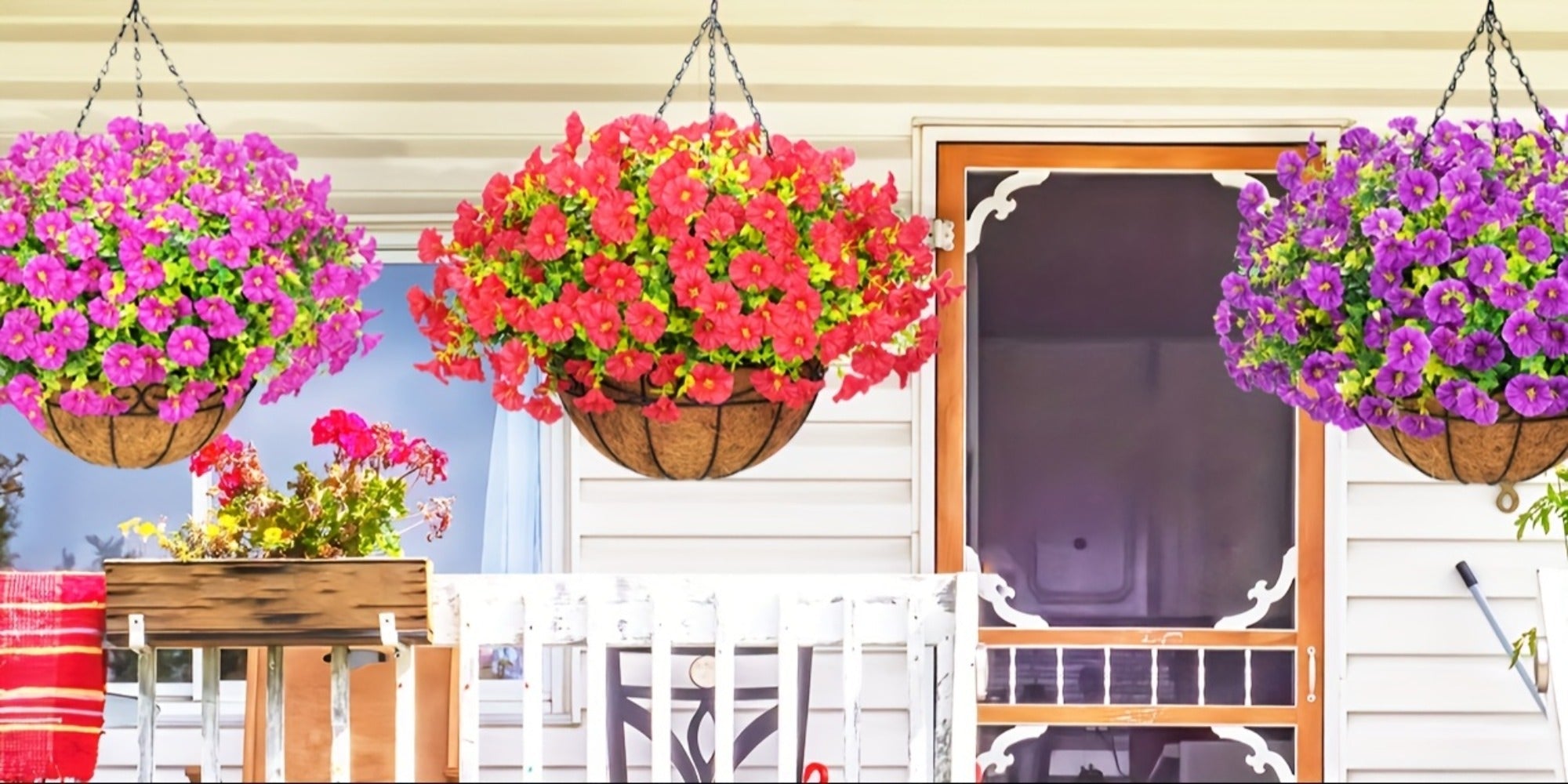 Artificial Hanging Flowers Outdoor UV-Resistant Fake Petunias with Planter Basket ¨C Realistic Faux Hanging Plants for Garden Patio Porch Balcony Railing Decor