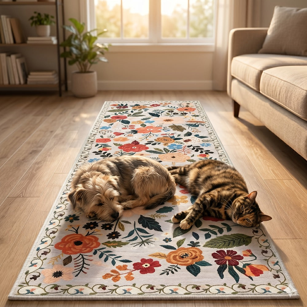 Bohemian Floral Plush Rug Non-Slip Machine Washable ¨C Soft Floral Runner Mat for Bedroom, Kitchen, Bathroom, Entryway & Living Room ¨C Easy Clean Indoor Home Decor Mat, 4 Sizes