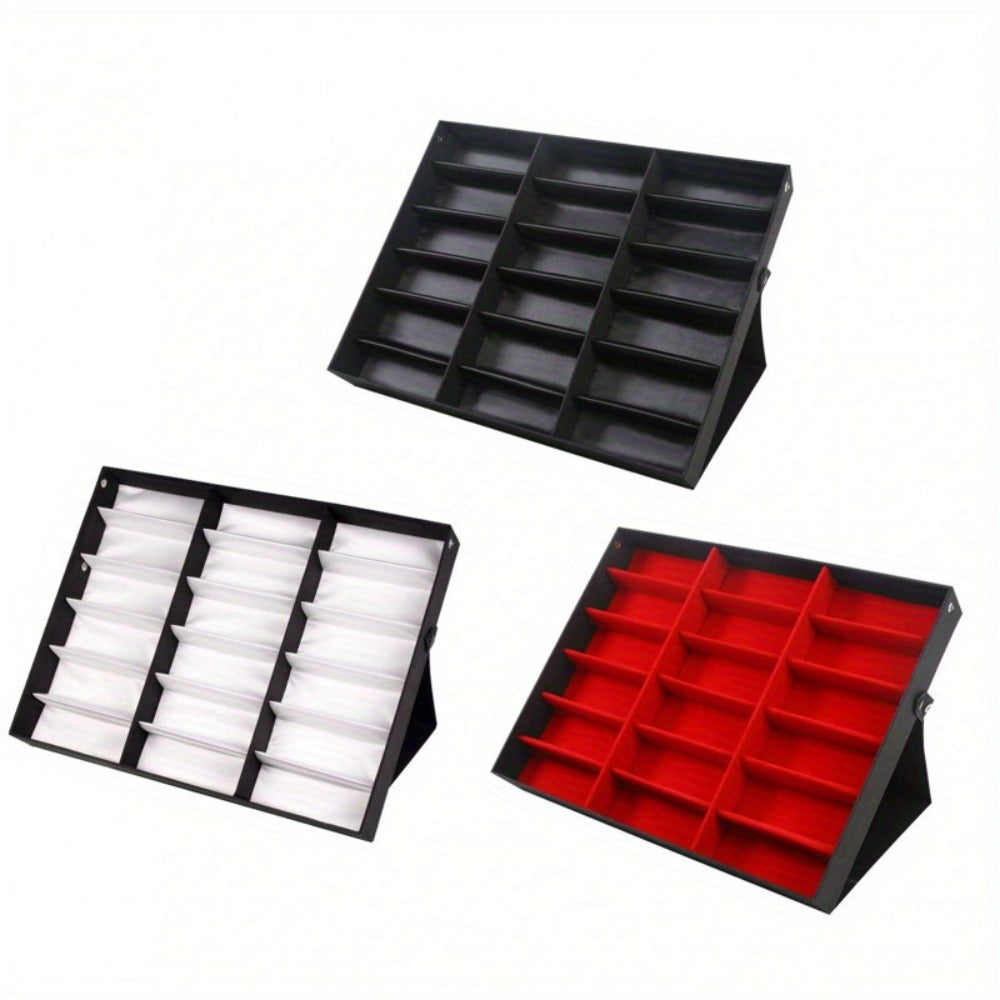 Eyeglass Organizer Box 18 Grid - Velvet Sunglasses Display Case with Foldable Cover, Scratch-Proof Storage for Glasses & Jewelry, Black or White