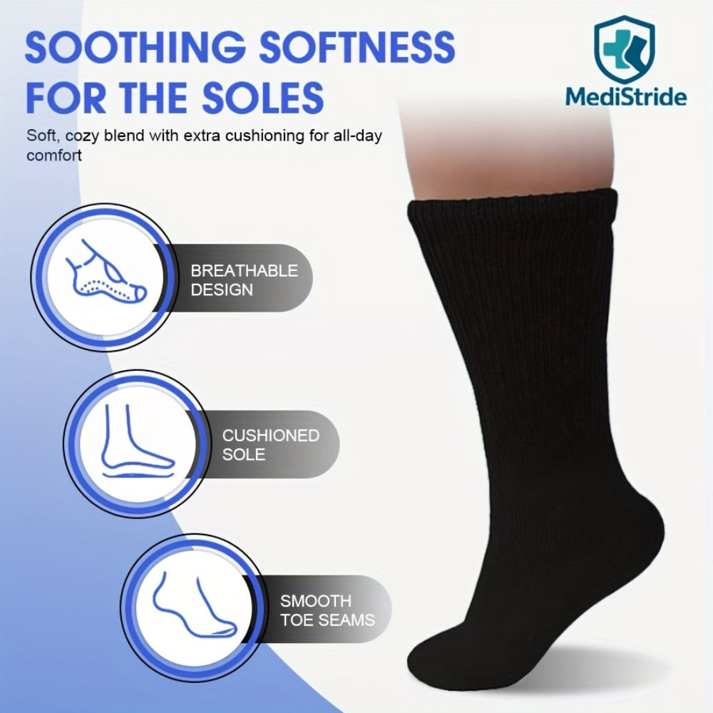 Cotton Diabetic Crew Socks 12 Pairs Non-Binding Neuropathy Loose Fit Seamless Cushioned Full Length for Men Women Edema Sensitive Feet White Black Brown Khaki Navy Grey