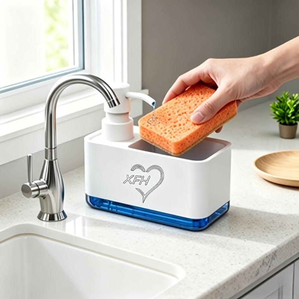 Soap Dispenser with Sponge Holder 2-in-1 - Countertop Dish Soap Pump Dispenser and Sponge Caddy for Kitchen Sink, Multi-Functional Detergent Dispenser with Built-In Sponge Holder, Available in White and Black Upgraded Version