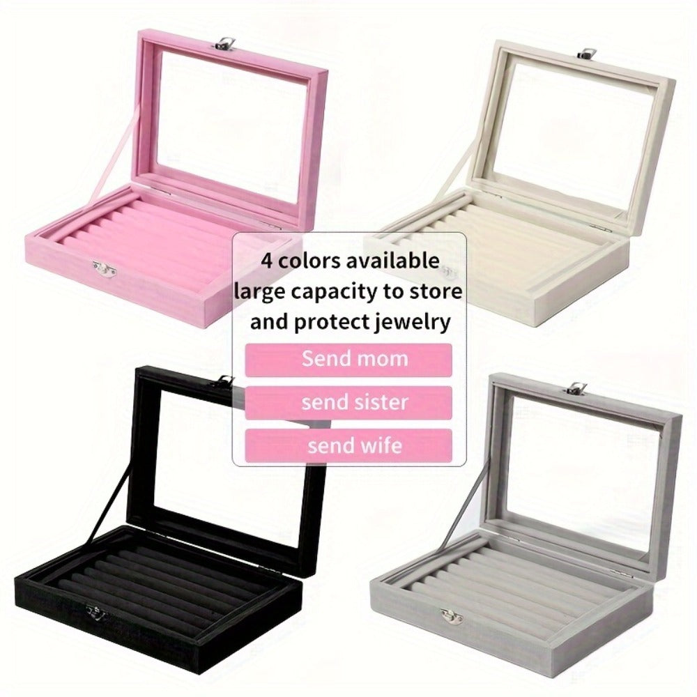 Jewelry Box with Locking Lid ¨C 49-Ring Capacity Glass-Like Plastic Ring & Earring Organizer, Large Rectangular Storage Case, Waterproof Anti-Tarnish, 4 Colors, Holiday Gift