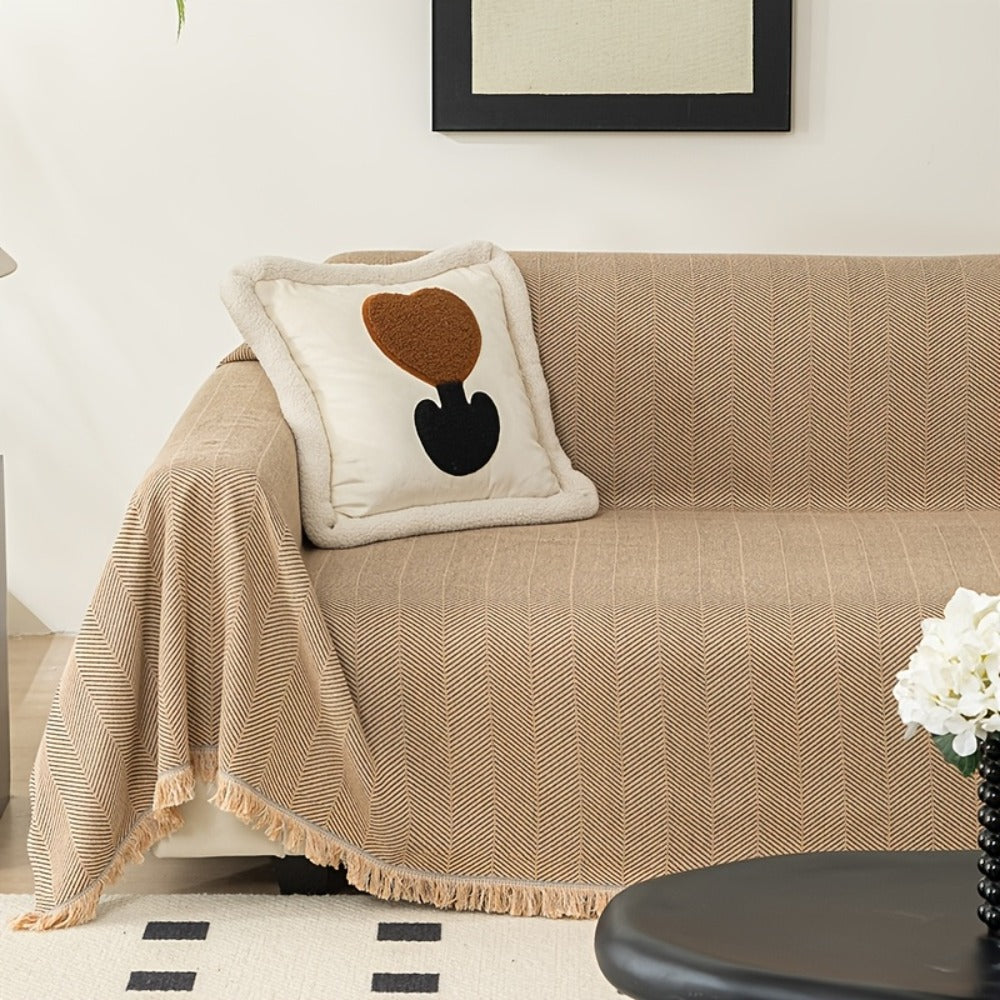 Herringbone Sofa Throw Cover with Tassels Jacquard Woven Solid Color Washable Polyester Sofa Blanket Slipcover for 3 4 Seater Couch Living Room - Grey Coffee Green Blue