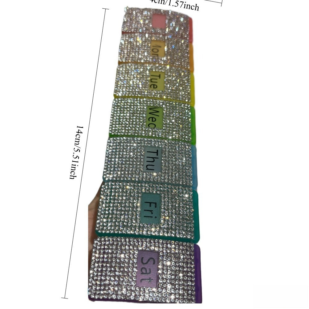 Pill Organizer Weekly 7-Compartment | Sparkly Rhinestone Travel Pill Case with Color-Coded Daily Slots | Monday to Sunday Pill Box for Vitamins, Supplements & Medication | Cute Portable Medicine Organizer