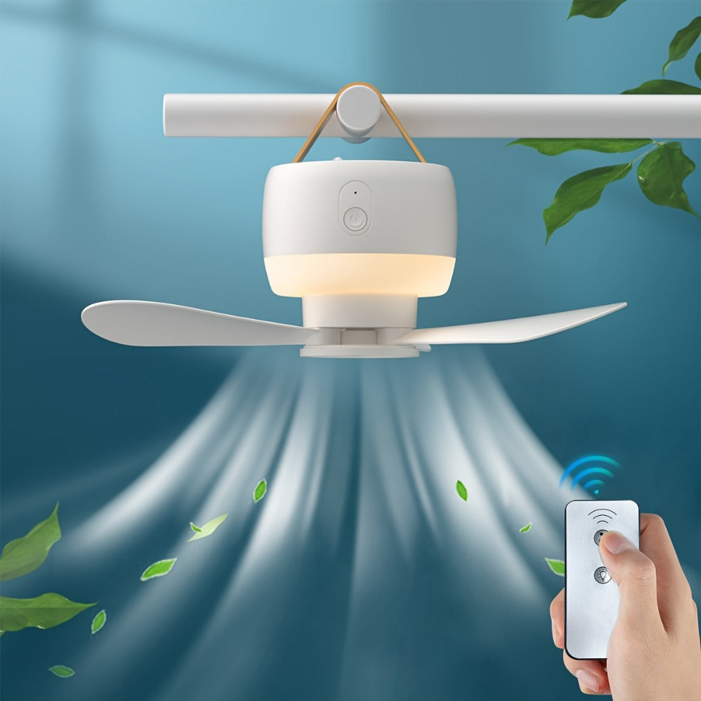 Portable USB Rechargeable Camping Fan with LED Lighting Remote Control Adjustable Detachable Blades Long Battery Life for Outdoor Tent Hiking Travel White