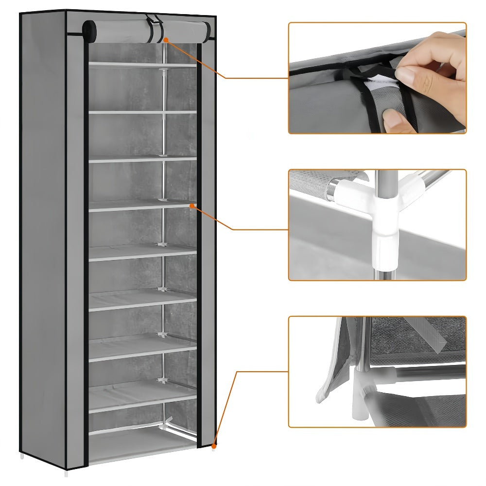 Shoe Rack with Dust Cover ¨C 6/8/10 Tier High-Capacity Space Saving Shoe Organizer, Easy Assembly, 12mm Pipe, Entryway Closet & Wardrobe Storage Rack