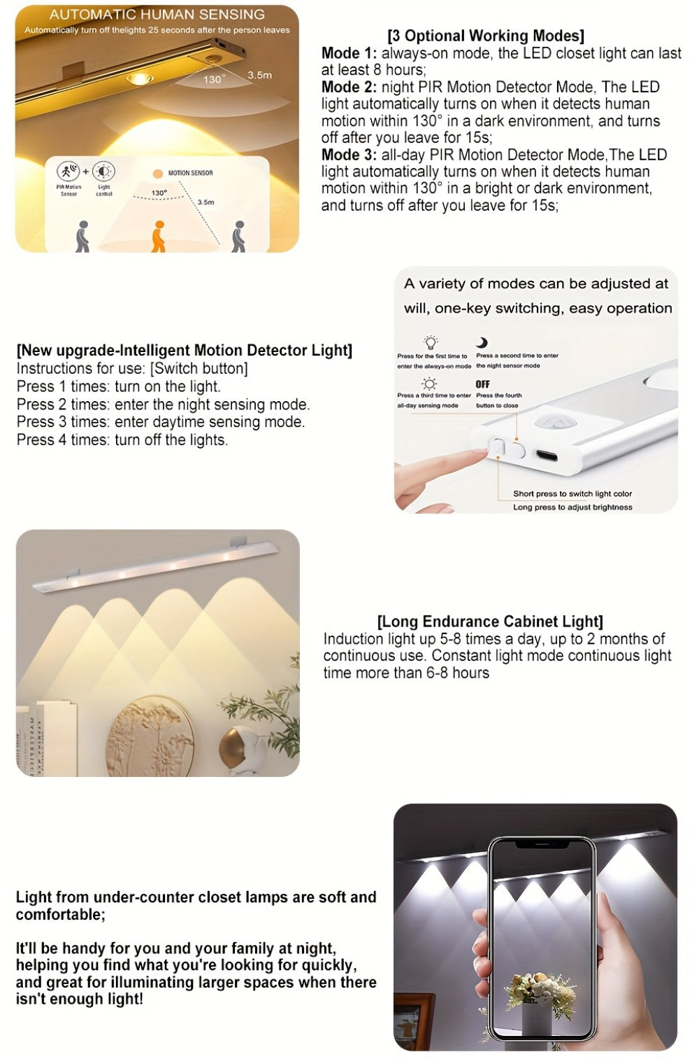 LED Sensor Strip Light USB Rechargeable ¨C 3-Color Dimmable Motion Sensing Wireless Night Light for Kitchen, Wardrobe, Cabinet, Shoe Cabinet & Bedroom (20cm / 30cm / 40cm / 50cm)