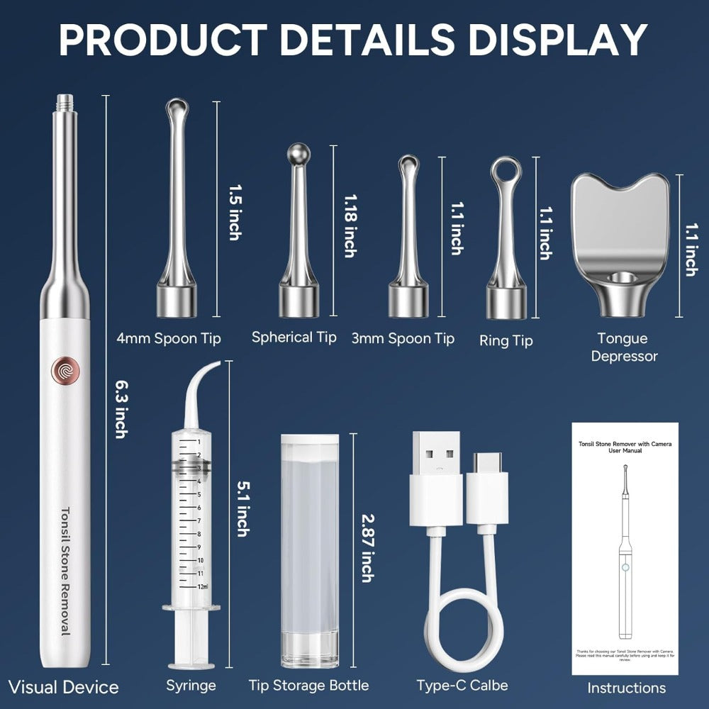 Visual Tonsil Stone Remover with 1080P HD Camera ¨C 6 LED Lights, 5 Stainless Steel Heads, Bad Breath Prevention, iOS & Android Compatible, At-Home Tonsil Care Kit