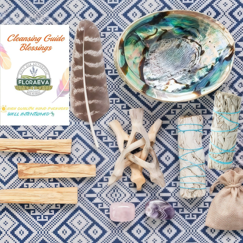 White Sage Cleansing Kit Smudge Set with Abalone Shell Holy Wood Incense Feathers Crystal Stone - Sage Sticks for Protection Positive Energy Home Office Decor Holiday Gift