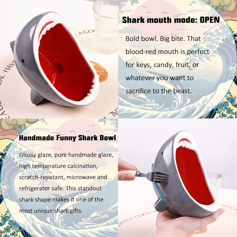 Shark Ramen Bowl 40oz ¨C Large Handmade Ceramic Serving Bowl for Soup, Snacks, Candy & Fruit, Cute Decorative Key Bowl for Entryway, Unique Funny Shark Gift for Home Kitchen
