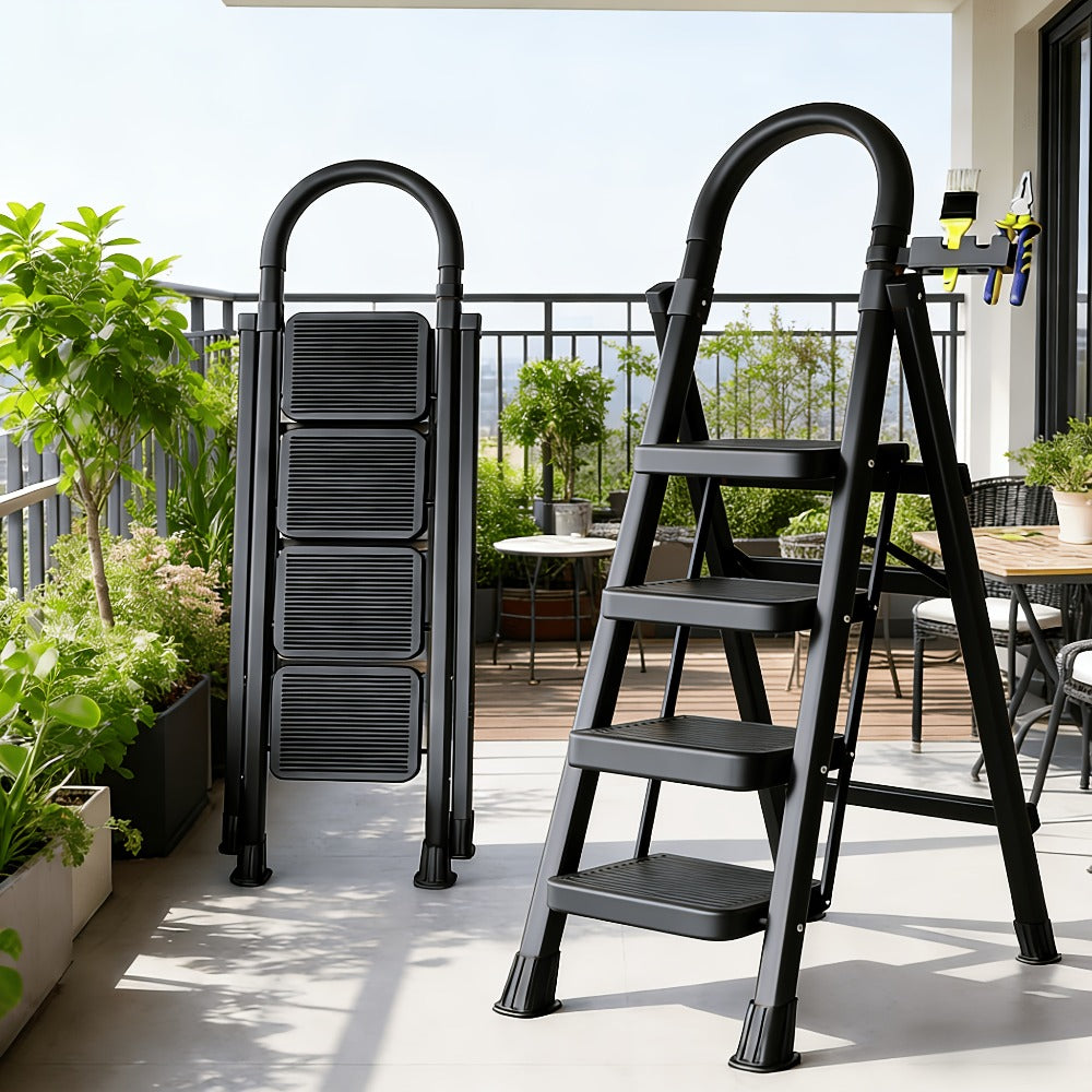 Folding Step Stool Ladder 500lbs Heavy Duty Steel with Anti-Slip Wide Treads & Handrails ¨C Safety Lock, Portable Multi-Step Ladder for Home, Kitchen & Outdoor Use, Mini / Medium / Large